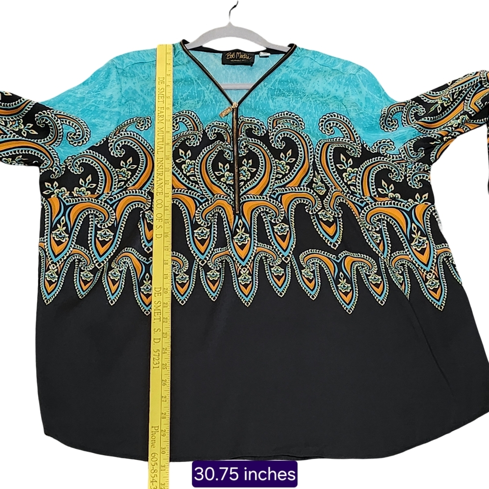 BOB MACKIE Womens Zip Tunic Top Plus Size 2X Turquoise Black Artwear - Picture 8 of 13